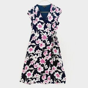 Banana Republic Black, White & Pink Floral Cap Sleeve Wrap Midi Dress 914